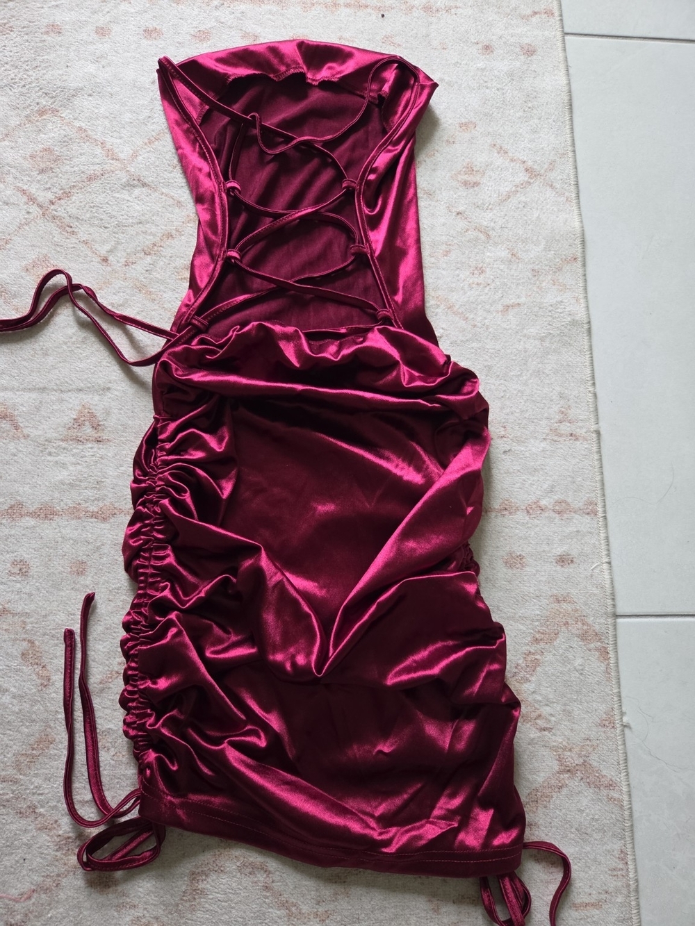 Burgundy Strapless Ruched Satin Midi Dress with Lace-Up Back - Picture 2 of 5